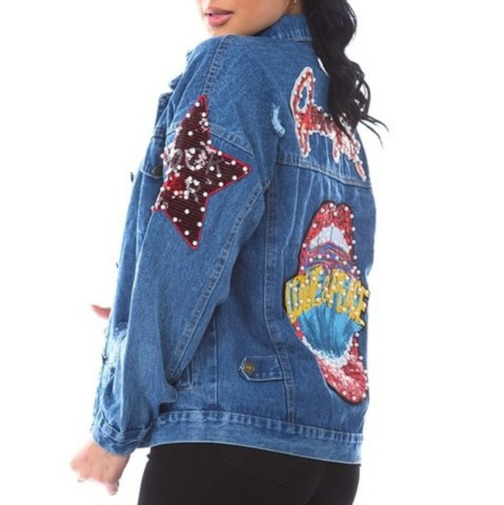 One Size Rock Star Embelished Jean Denim Jacket